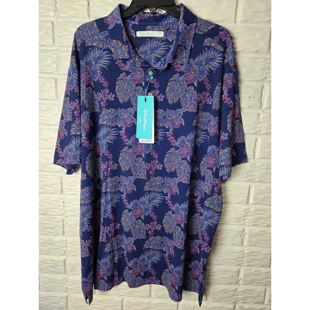 CARIBBEAN Isle Breeze Performance polo shirt Men's size 2XB Big Palm Leaves NWT